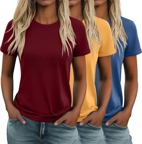 Vista 24 de Huukeay Paquete de 3 camisetas de algodón para mujer, estilo casual, de manga corta, cuello redondo, ajuste holgado, básica, lisa