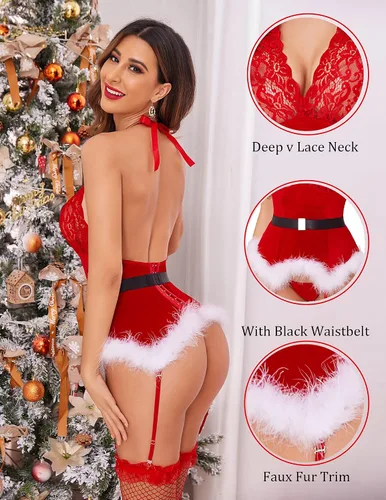 Vista 2 de Avidlove Christmas Lingerie Sets Women Garter Bustier Set Santa Babydoll Bodysuits Lace Chemise (No Stockings) S-XXL