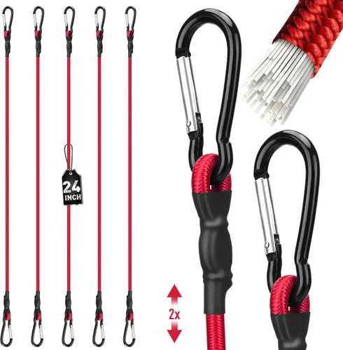 Vista 10 de 5 cuerdas elásticas de 24 pulgadas con ganchos de mosquetón, correas elásticas de goma resistentes, cuerda elástica con clips de mosquetón
