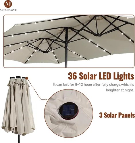Vista 4 de MONDAWE Paraguas de patio de 15 pies con luces solares (base incluida) sombrilla grande de doble cara de aluminio rectangular de aluminio para mesa