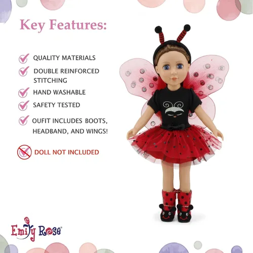 Vista 4 de Emily Rose Magical Lady Bug - Disfraz de Halloween de 5 piezas de 14 pulgadas con alas extraíbles, diadema de antena y botas. Ropa y accesorios