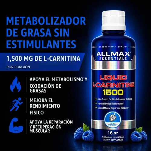 Vista 2 de ALLMAX Nutrición Líquida L-Carnitina 1500 Miligramos, Frambuesa Azul, 16 oz