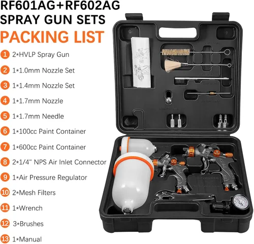 Vista 8 de REFINE HVLP - Juego de pistolas pulverizadoras por gravedad de aire, pistola de pintura de 2 pulverizadores, 0.039 in, 3.4 fl oz y 1.4/0.067 in