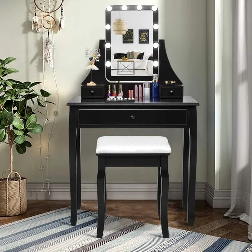 Vista 9 de CHARMAID Tocador de maquillaje con 10 luces LED, 4 cajones, estante de almacenamiento, perilla en forma de rosa, tocador de maquillaje