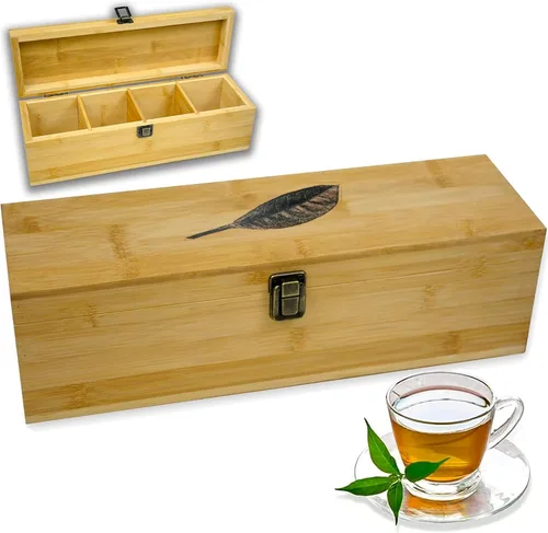 Vista 18 de Caja organizadora de té segura para alimentos, libre de productos químicos, baúl de almacenamiento de bambú, cubos ajustables