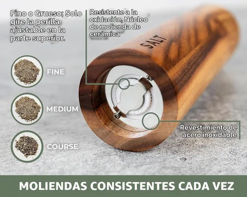 Vista 2 de Saffron & Sage Premium - Molinillo de sal y pimienta de madera de acacia de 2 a 8 pulgadas de alto con ajustes gruesos ajustables, resistente a