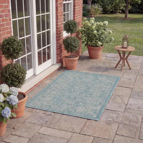 Vista 13 de SAFAVIEH Alfombra lavable al aire libre, colección Courtyard - 2'3" x 5', azul aguamarina y gris, no desprende pelusa y fácil limpieza, ideal