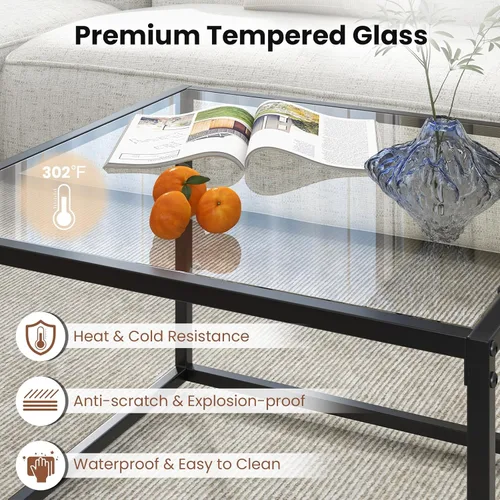 Vista 5 de COSTWAY Mesa auxiliar de cristal, mesa cuadrada de cristal de 27.5 pulgadas con marco de metal, mesa de té central moderna para sala de estar