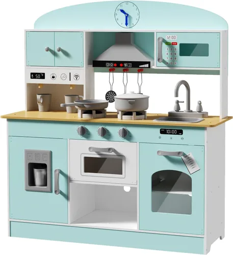 Vista 7 de Babytronic Juego de cocina de madera, cocina de simulación con luces y sonidos para niños de 3 años en adelante, incluye estufa, horno, microondas