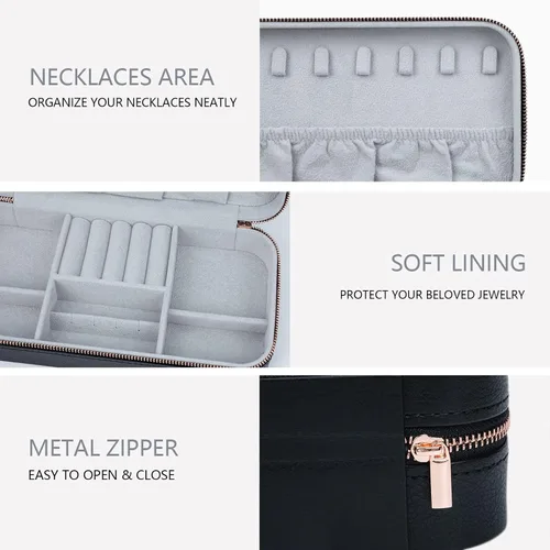 Vista 2 de Organizador de joyas de viaje, joyero portátil para mujer, organizador de viaje para anillos, aretes, collares, pulseras, relojes, negro, C