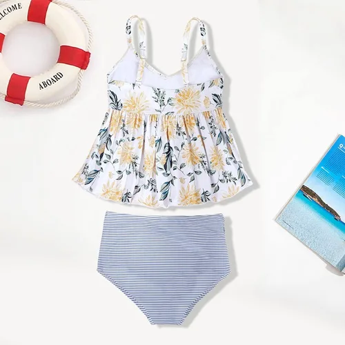 Vista 2 de Tutorutor Conjunto de bikini de 2 piezas con volantes y estampado floral para niñas y niñas