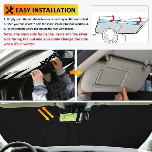 Vista 5 de D-Lumina Winshield - Parasol con bandera de Estados Unidos para Dodge Ram 1500 2009-2018, protector solar frontal plegable bloquea los rayos UV