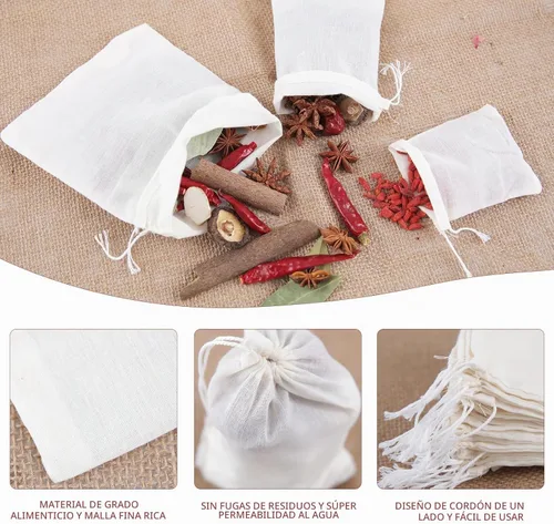 Vista 4 de 50 bolsas de especias para cocinar sopa, 3 x 4 en bolsas de muselina natural con cordón