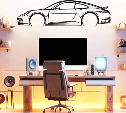 Vista 15 de DecoSoul Arte de Pared de Metal con Silueta de Coche 911, Coche Deportivo, Decoración de Línea de Silueta Automotriz, Cueva de Hombre, Regalo