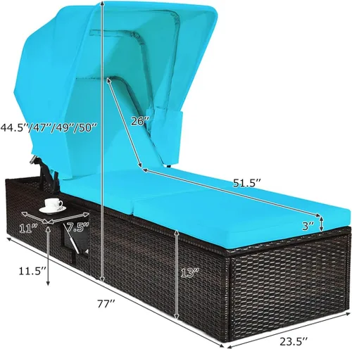 Vista 3 de COSTWAY Silla de ratán para patio, tumbona acolchada, ajustable, color turquesa