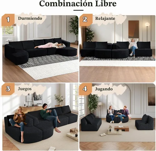 Vista 4 de Sofá modular de 144 pulgadas, sofá de nube en forma de U de gran tamaño, negro