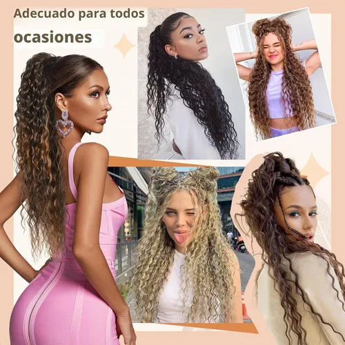 Vista 4 de Flufymooz Extensión de cola de caballo, 22 pulgadas, estilo bohemio, con cordón, extensiones de cabello para mujer, cola de caballo larga, rizada
