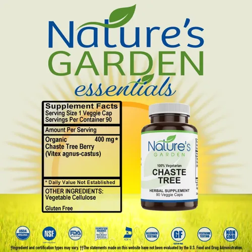 Vista 2 de NATURE'S GARDEN ESSENTIALS Chaste Tree - 90 cápsulas vegetales con 400 mg de casteberry orgánico