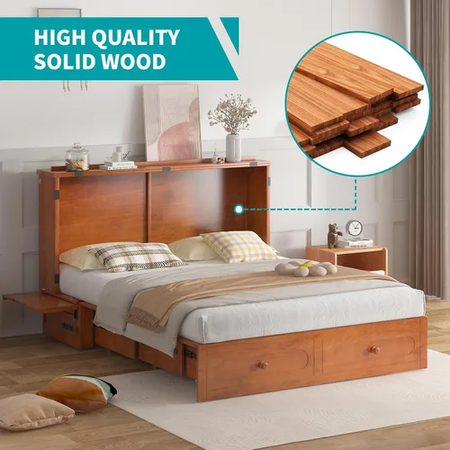 Vista 6 de BALUS 63" W Murphy Bed Queen, Murphy Cabinet Beds with Tri-Fold Mattress & USB Charging Station, Space-Saving Wooden Wall Bed Cabinet with 2 Large