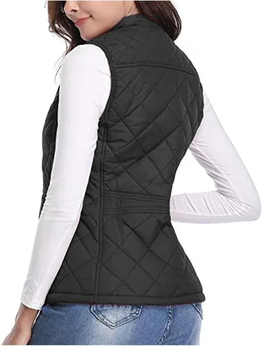 Vista 9 de Chaleco acolchado para mujer, con cuello alto, ligero, con cremallera, sin mangas, chaquetas de plumón de invierno, chalecos cálidos, ropa de abrigo