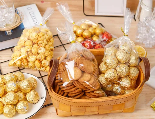 Vista 2 de LOKIQNG - Paquete de 100 bolsas de celofán, bolsas de plástico transparentes para galletas, bolsas de dulces con lazos giratorios y 100 bolsas