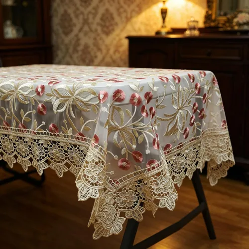 Vista 3 de Mantel de encaje cuadrado elegante bordado para boda, banquete, fiesta de cumpleaños, mesa de comedor formal, cubierta a prueba de polvo, color rojo