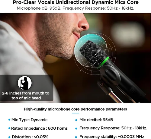 Vista 4 de Bietrun Micrófono inalámbrico, sistema de micrófono dinámico inalámbrico dual UHF inalámbrico de metal recargable para karaoke, reuniones, fiestas