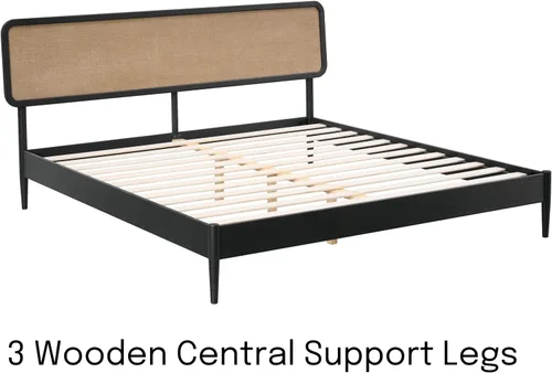 Vista 4 de Lupin - Base de cama de madera con cabecero, base de madera de roble macizo y goma con listones silenciosos y soportes centrales de madera, Negro