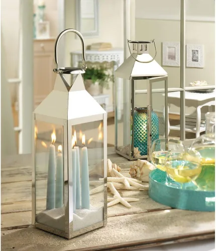 Vista 2 de Farol grande para velas, faroles metálicos para velas al aire libre, acero inoxidable