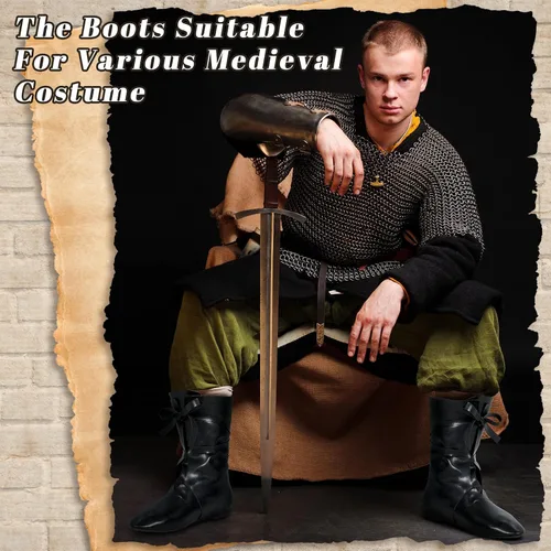 Vista 4 de Panitay Botas medievales de Halloween para hombre, zapatos renacentistas para festivales, botas de cuero vikingas, antideslizantes, zapatos atados