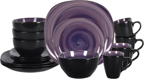 Vista 18 de juego de vajilla de cerámica de 16 piezas en forma cuadrada, interior rosa brillante + exterior negro mate