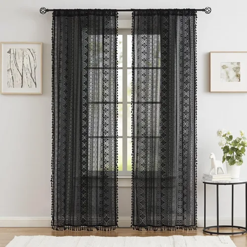 Vista 15 de Cortinas de encaje transparente con borlas de lino bohemio beige, elegante geometría de ganchillo, bolsillo para barra, cortinas de ventana
