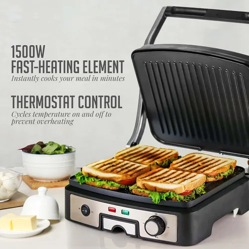 Vista 3 de OVENTE Sandwichera eléctrica Panini Press, parrilla interior de 1500 W con placas revestidas antiadherentes, control de temperatura y bandeja