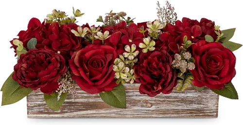 Vista 20 de DILATATA Arreglo floral con jarrón de madera, flores artificiales de 10 pulgadas en maceta, flores falsas en jarrón rectangular de madera blanco