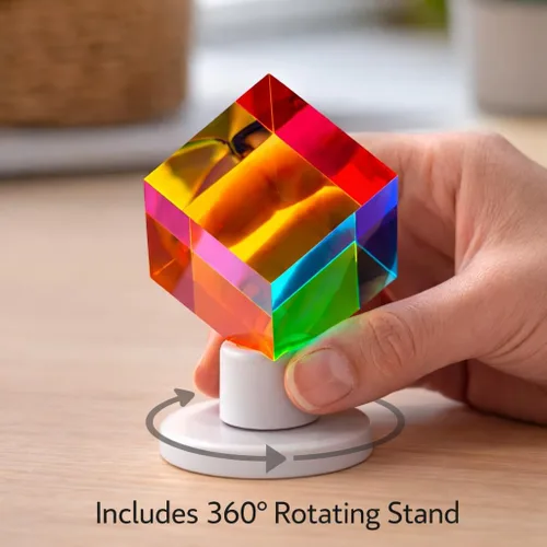Vista 4 de Twiddler Toys Color Mixing Cube with Display Stand – 2 Inch (50mm) Cyan, Yellow, & Magenta Acrylic Prism Optical Physics Desk Decor – Satisfying