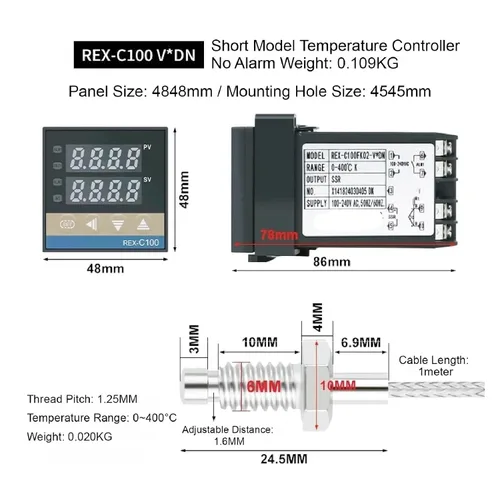 Vista 4 de Rex-C100 Short Shell Pid Temperature Controller + K Type Thermocouple + 40a SSR Relay + Heat Sink