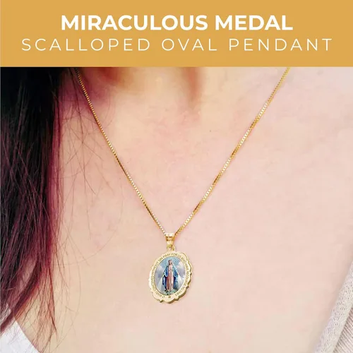 Vista 2 de Picturesongold.com Collar de medalla milagrosa católica con colgante ovalado para mujeres y hombres, hecho en oro amarillo o blanco de 10 K14