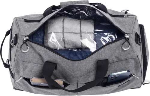 Vista 2 de Kuston Bolsa de gimnasio deportiva con compartimento para zapatos y bolsillo húmedo, bolsa de lona para gimnasio para hombres y mujeres, Gris