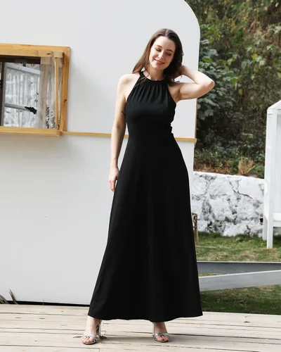 Vista 3 de STYLEWORD - Elegante vestido largo para mujer cuello halter y hombros descubiertos