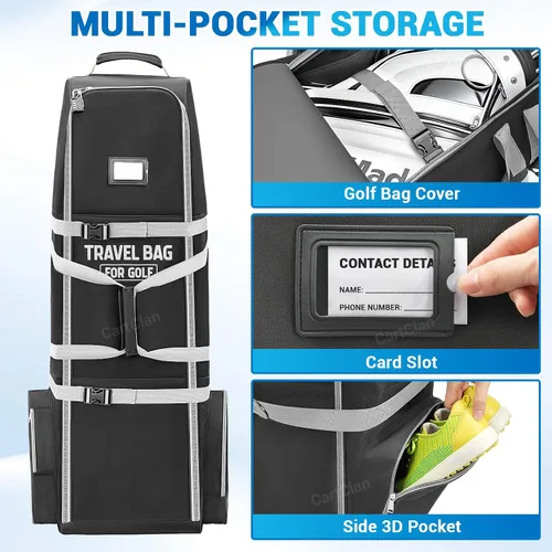 Vista 6 de Bolsa de viaje de golf con ruedas, tela Oxford resistente 900D, funda de viaje de golf para aerolíneas, adecuada para bolsas de golf estándar