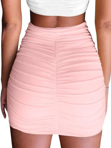 Vista 4 de Minifalda casual elástica de cintura alta fruncida de doble capa para mujer