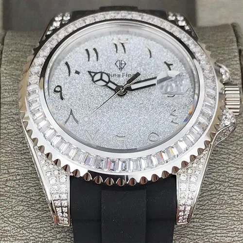 Vista 8 de Reloj de pulsera automático de acero inoxidable con diamantes brillantes helados, BlancoDorado, 40mm