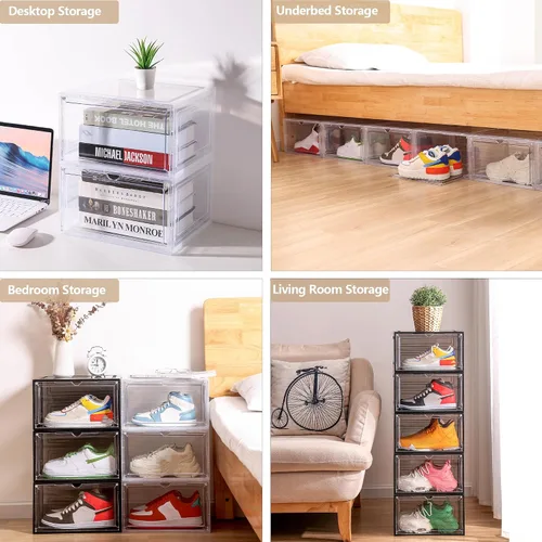 Vista 5 de Attelite Organizador grande y transparente para zapatos, caja de almacenamiento apilable de plástico con puerta magnética, contenedores grandes