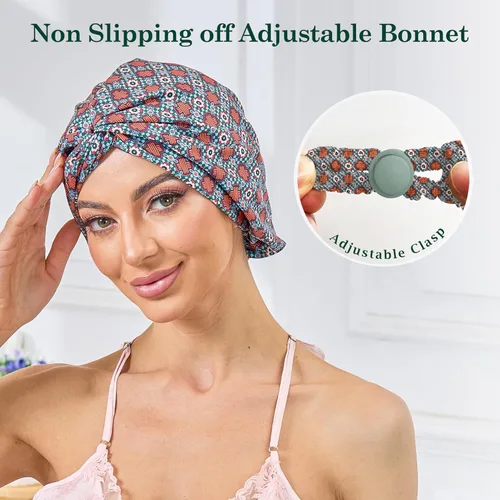 Vista 95 de Gorro de satén de seda ajustable para envolver el cabello para dormir, gorro de dormir de doble capa, turbante nocturno para cabello largo y rizado