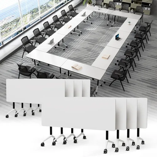 Vista 31 de Mesa de conferencias plegable, mesa modular moderna para sala de conferencias con ruedas para 8-16 personas, mesas de entrenamiento plegables
