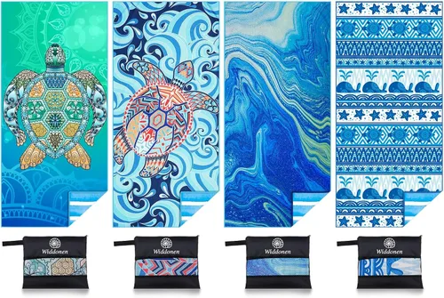 Vista 12 de Widdonen Toalla de playa de microfibra, compacta, paquete de 2 unidades, 71 x 32 pulgadas con bolsa de viaje Paquete de 2 Blue Peank Dream World