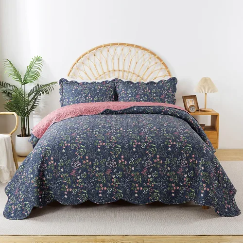 Vista 47 de HoneiLife - Juego de edredón de 3 piezas, colcha ligera de microfibra, diseño de flores silvestres, cubrecamas ligero y botánico, para todas