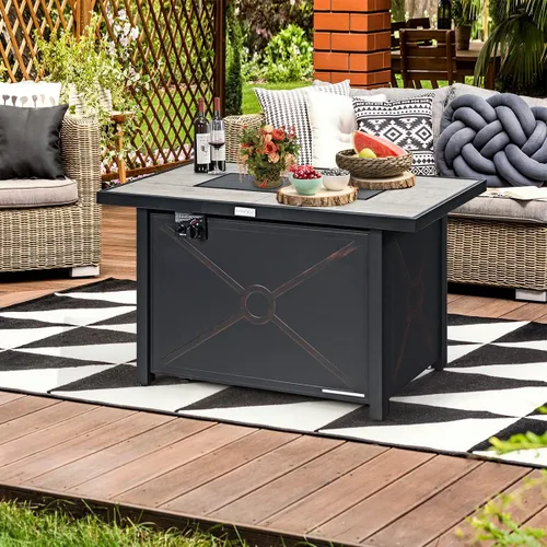 Vista 7 de COSTWAY Mesa para fogata de propano de 42 pulgadas, mesa rectangular de gas para exteriores de 60,000 BTU con mesa de cerámica, roca de lava