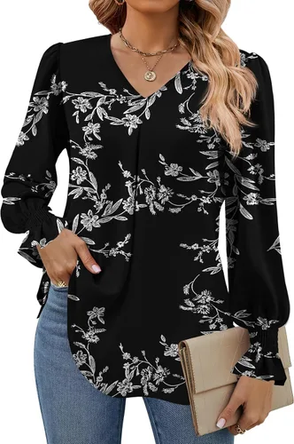 Vista 15 de Funlingo Blusas de mujer con mangas largas 2025, elegantes y casuales, con cuello en V, túnica suelta de gasa para el trabajo