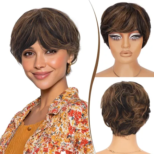 Vista 15 de RUWISS Peluca de cabello humano con corte Pixie, peluca de cabello humano con flequillo, peluca negra corta natural en capas, ondulada, diferentes